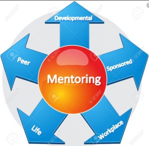 Mentoring info graphic with five arrow Developmental, Peer, Sponsored, Life, Workplace