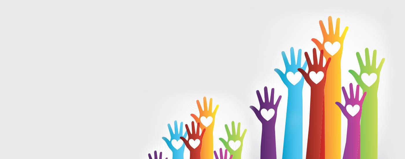 Illustration of rainbow colors arms reaching out with hearts in the hands